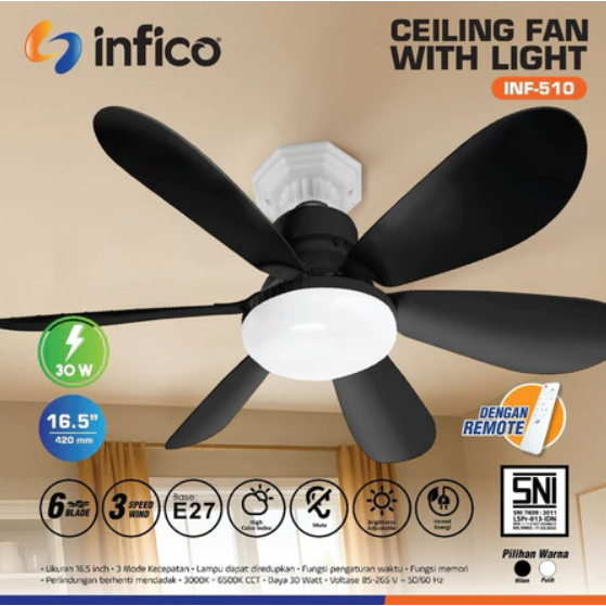 Ceiling Heli Fan + Lampu LED Kipas Angin INFICO INF-510 W/Remote 6 Blade 16” Kipas angin Plafon Lamp