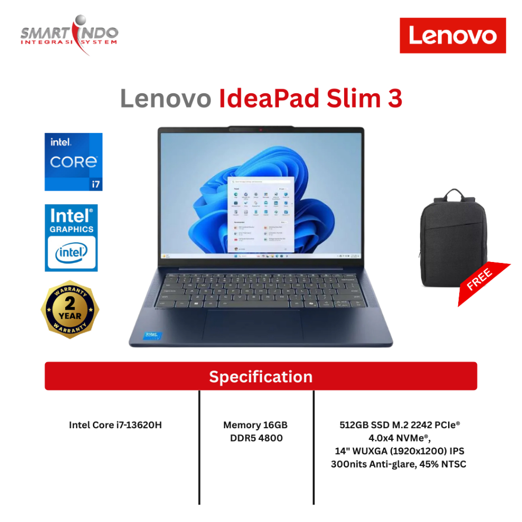 Lenovo IPS 3 14IRH10 Intel Core i7-13620H / Memory 16GB DDR5 4800 / 512GB SSD / W11H+OH24+M365Basic 
