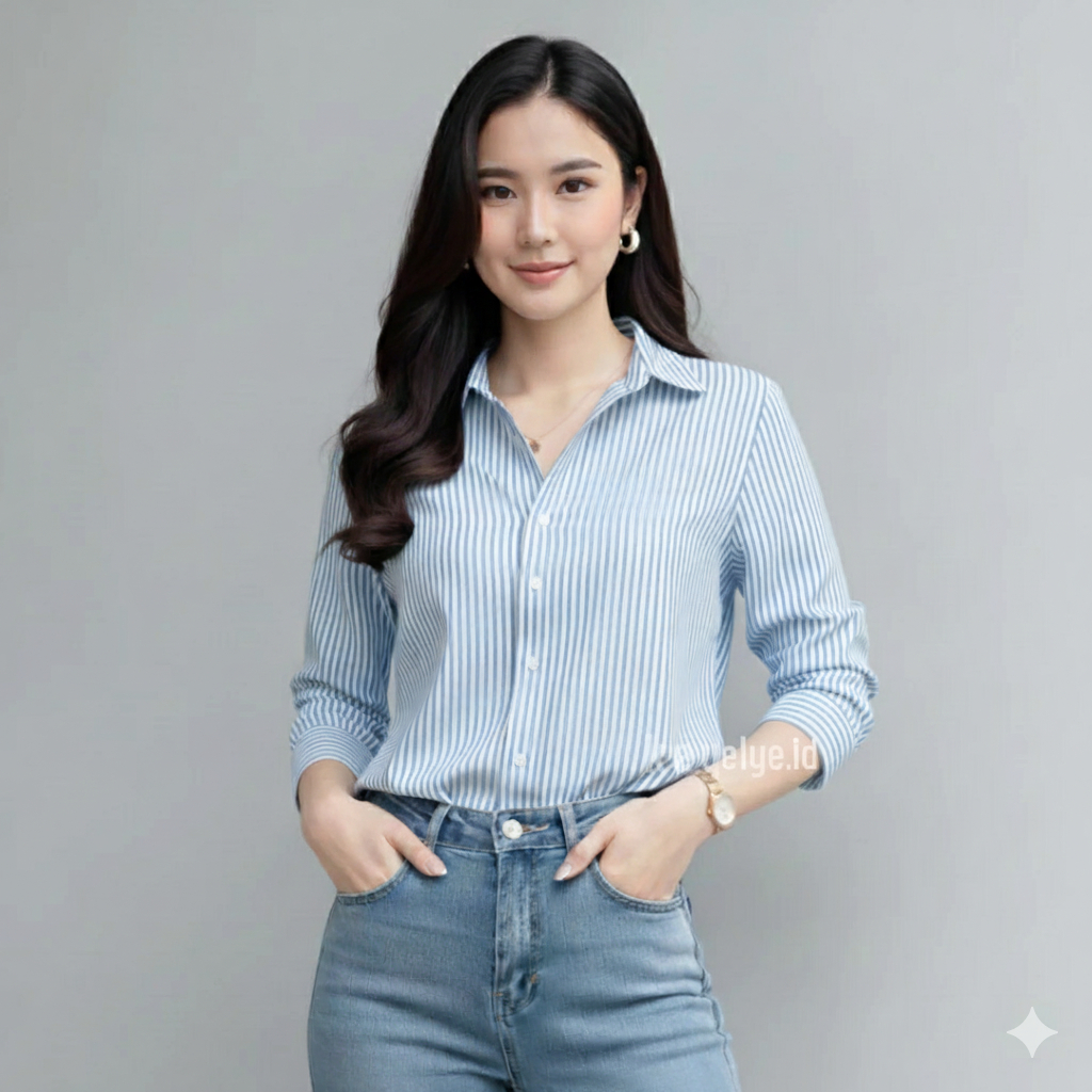 Kemeja Salur Wanita Lengan Panjang Kemeja Motif Garis Garis Atasan Wanita