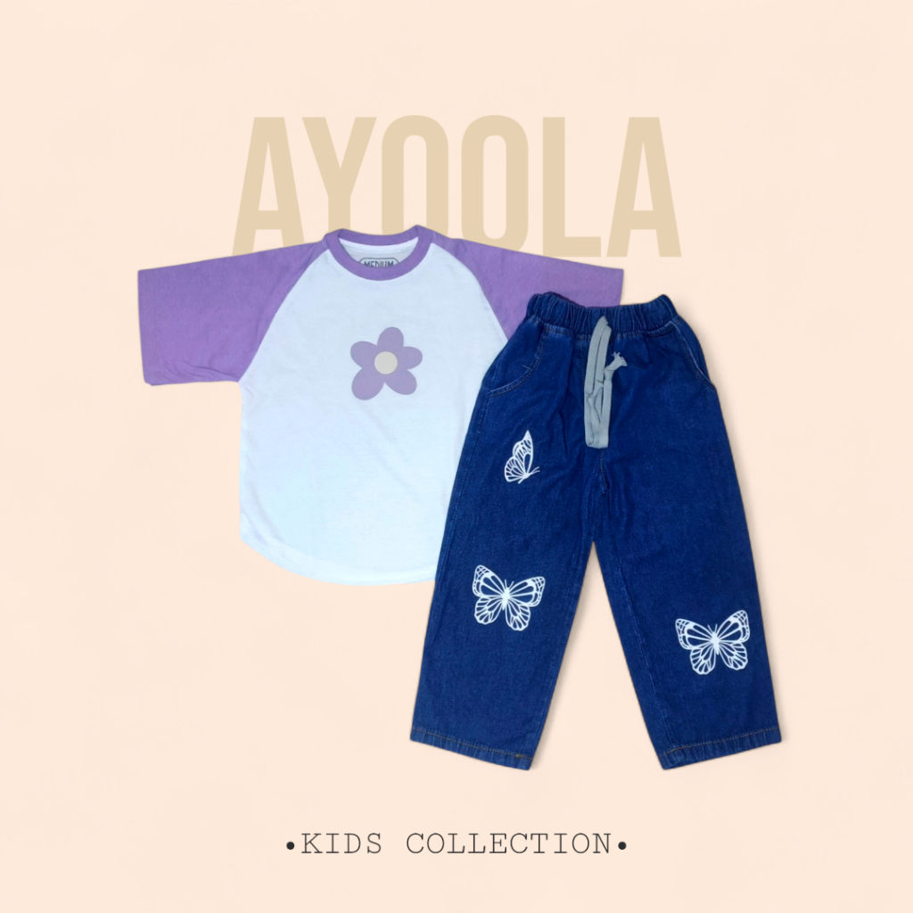 AyoolaKids Kaos Blouse Raglan Bunga Warna Putih Ungu dan Setelan Soft Denim Anak Perempuan 3-12 Tahu