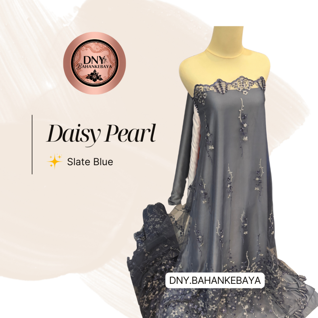Bahan Kain Kebaya Brokat Brukat Tile Mutiara Daisy Pearl Warna Slate Blue Biru