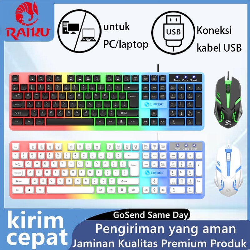RALKU Keyboard Gaming LED RGB Lampu, USB wired keyboard mouse 1 set game dengan latensi rendah Keybo