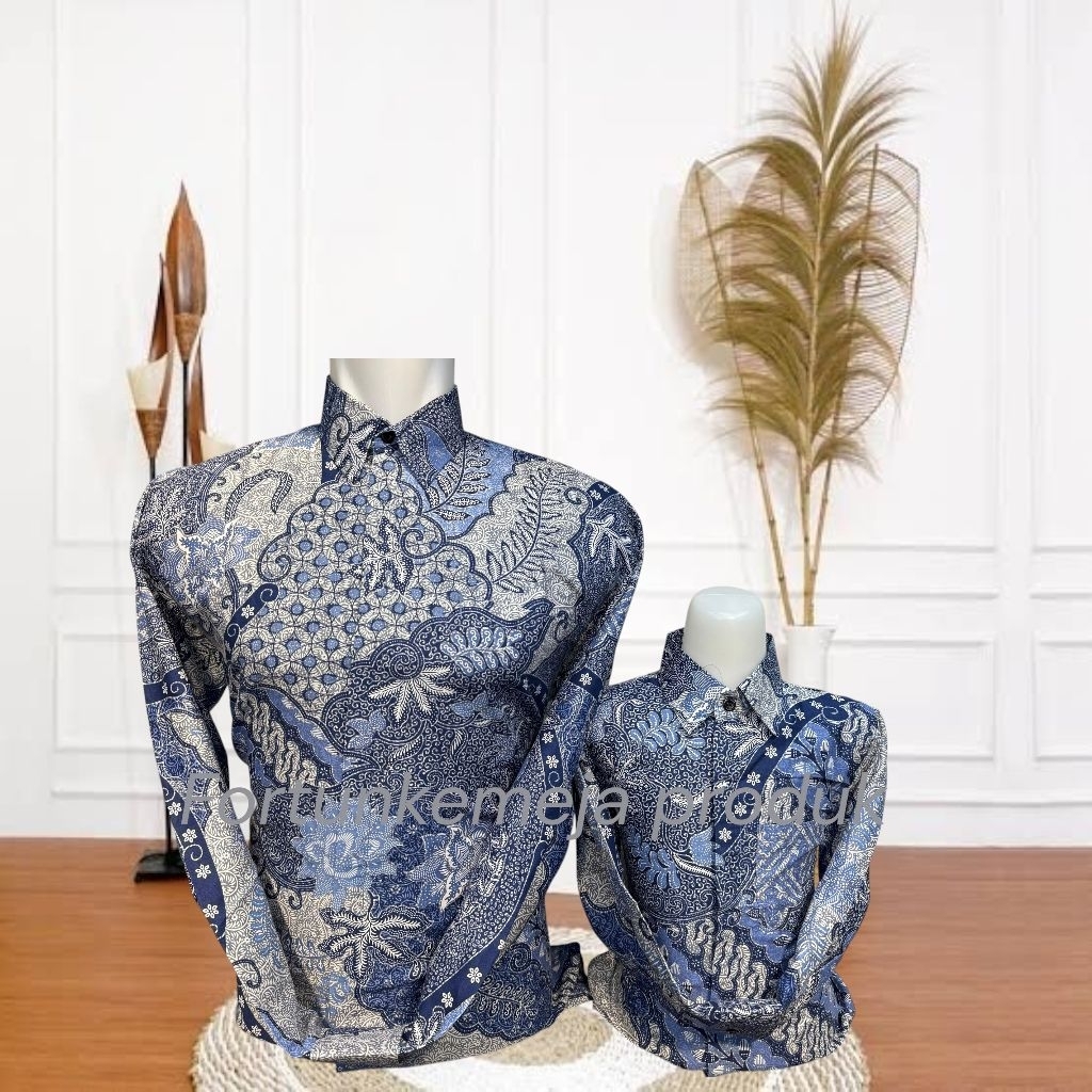 07 Batik couple ayah anak biru muda-Seragam batik keluarga ayah dan anak lengan panjang lapis furing