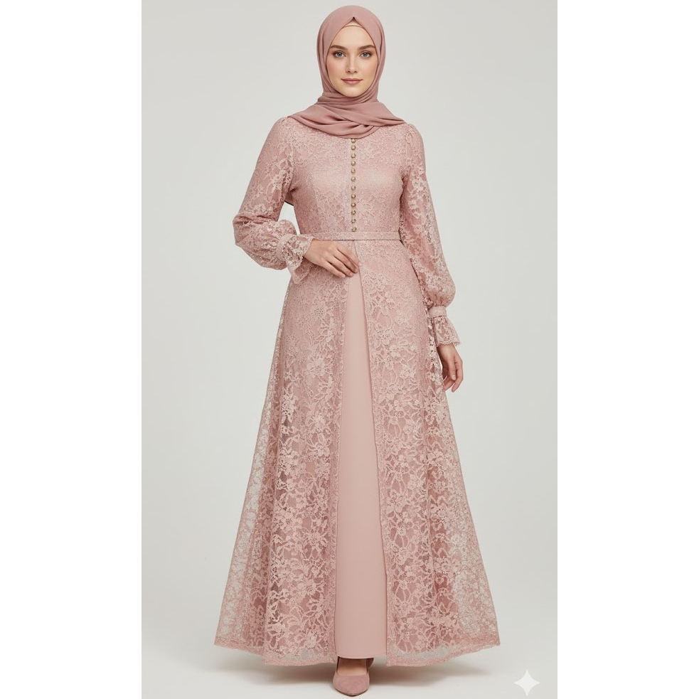 Dress brokat dusty pink lengan panjang • Gaun pesta muslimah dengan hijab senada • Baju kondangan hi