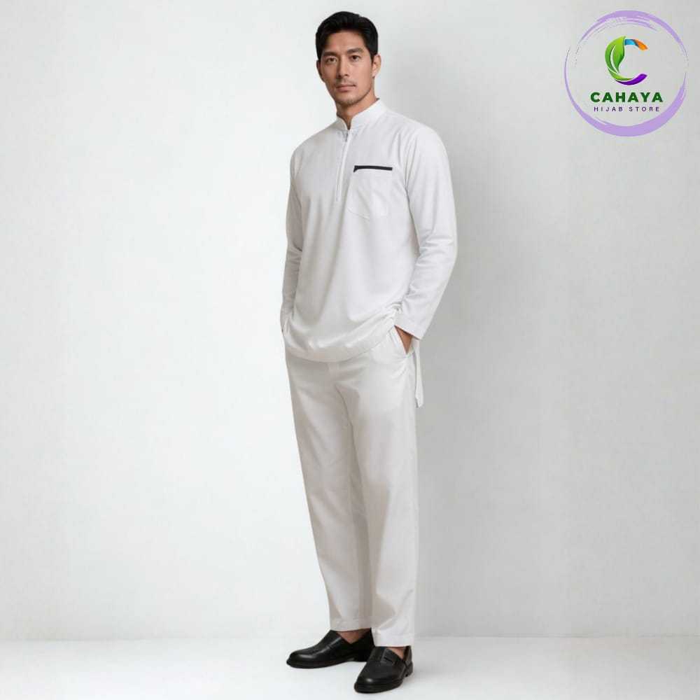 Setelan Koko Kurta Pria Putih + Celana Sirwal – Baju Muslim Pria Elegan Nyaman Adem untuk Sholat, Ng