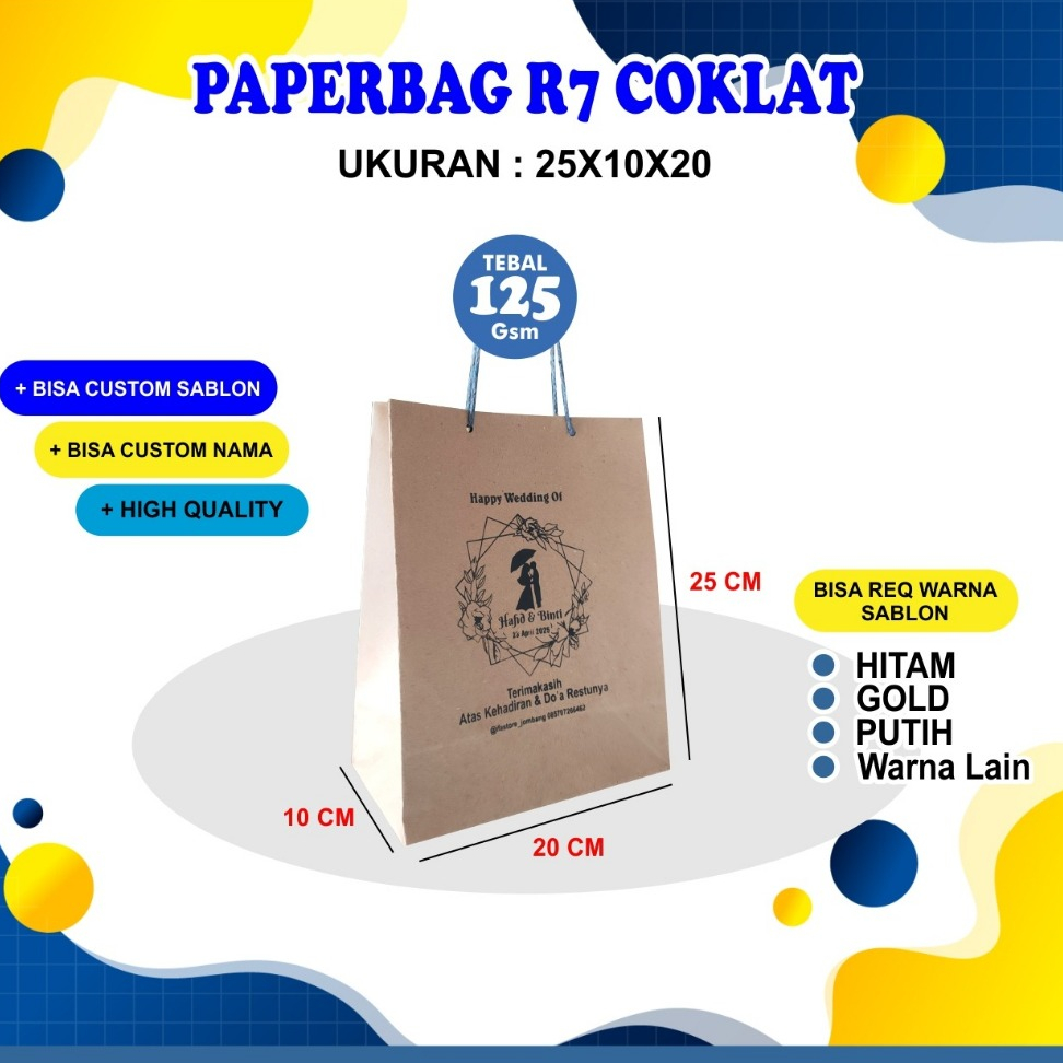 [Sablon Minim 50pcs] PAPER BAG COKLAT/ PAPERBAG R7 UK 20X10X25 / TAS HAJATAN /PAPER BAG