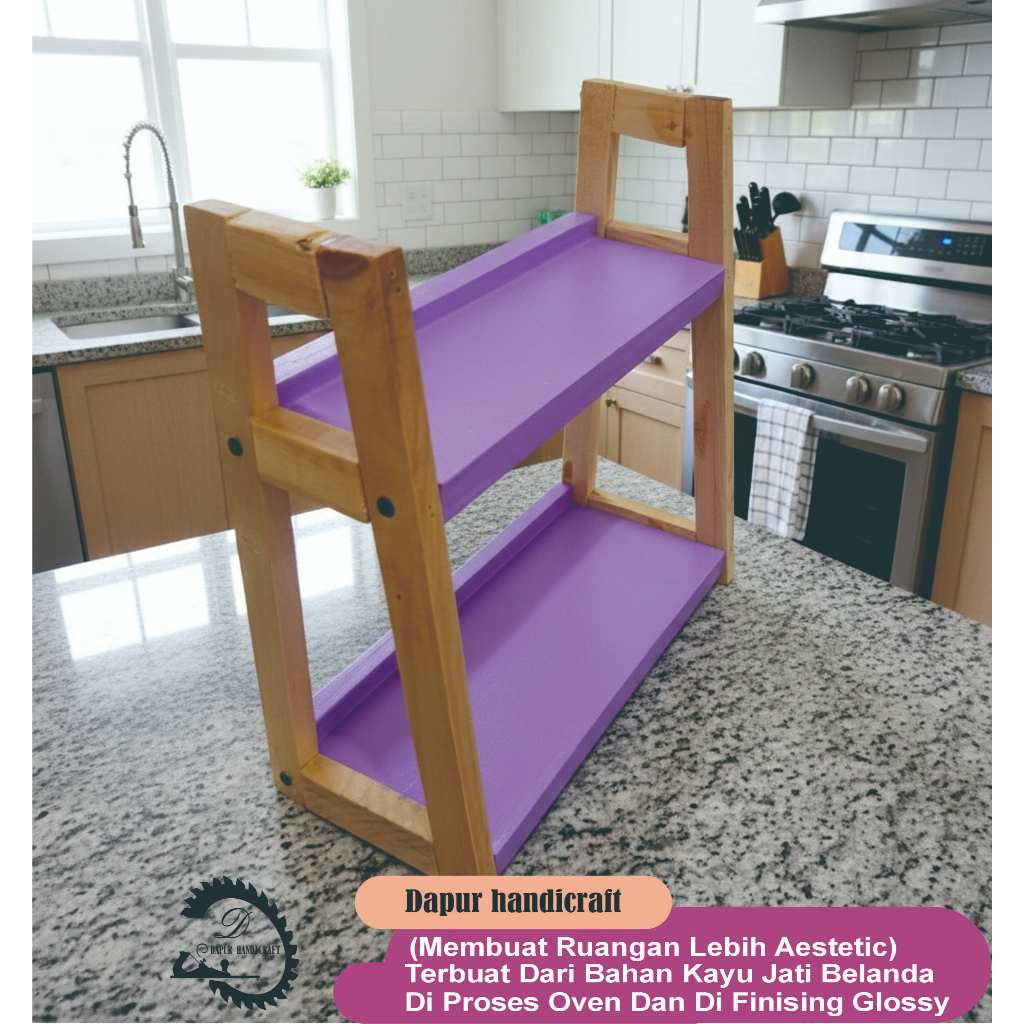 Rak Dengan Toples Bumbu Dapur Warna Ungu 2 Susun / Rak Kayu Jati Belanda Serbaguna Dengan Fernis