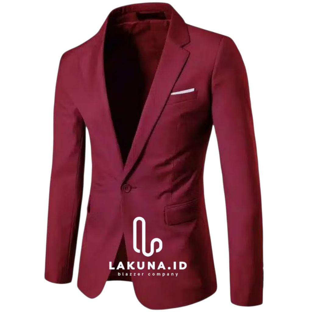 Lakuna.id - Jas Blazer Pria Slimfit Formal Warna Merah Korea Style