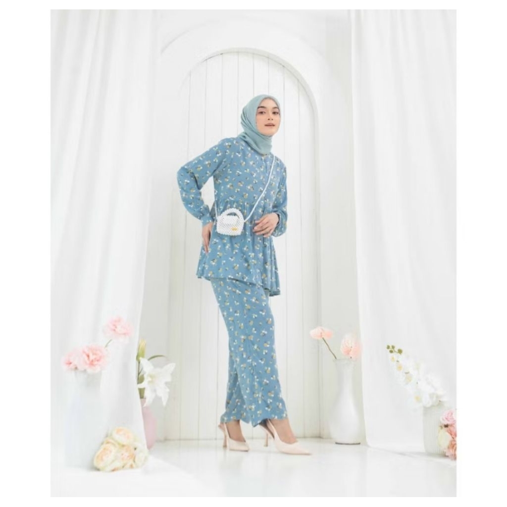 PL ZEZA - Setelan Wanita Piyama Rayon - Lora Pajamas Peony Sky Blue