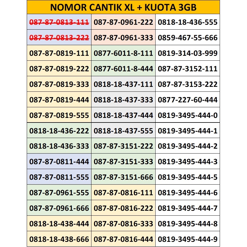 NOMOR CANTIK XL + KUOTA 3GB - NOMOR CANTIK TRIPLE BELAKANG