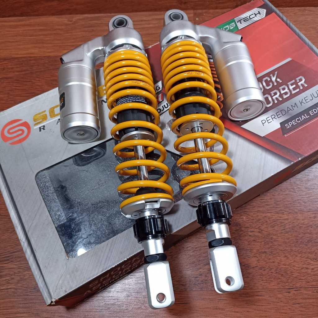 SHOCK BELAKANG PCX150/NMAX OLD 345MM YELLOW SCARLET RACING NOS TECH SERIES ADJUSTER SYSTEM SPECIAL E