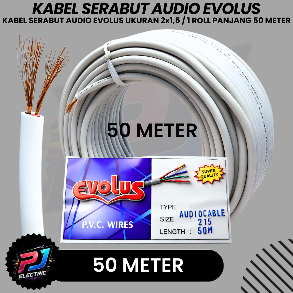 Kabel 2x1.5 Serabut Audio Evolus Warna Putih 1 Roll 50 METER Audio Kabel Serabut Evolus 2x1.5 Kuat T