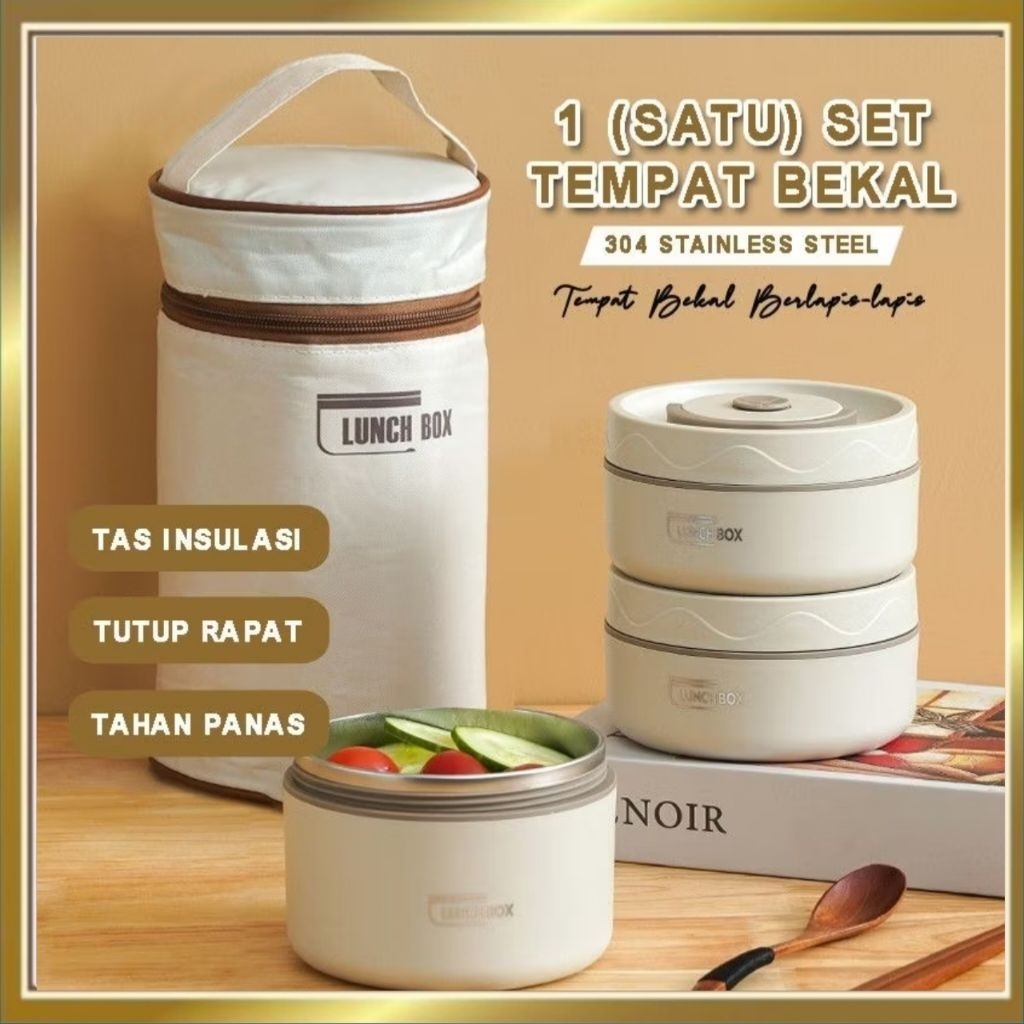 Kotak Makan Stainless 304 Tahan Panas Set Tas Bekal - Lunch Box Aesthetic Anti Bocor Tempat Makan Be