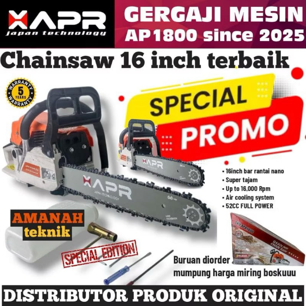 Promo APR AP1800 Chain saw 16inch chainsaw APR senso mesin gergaji kayu 2tak 52cc garansi APR ap1800