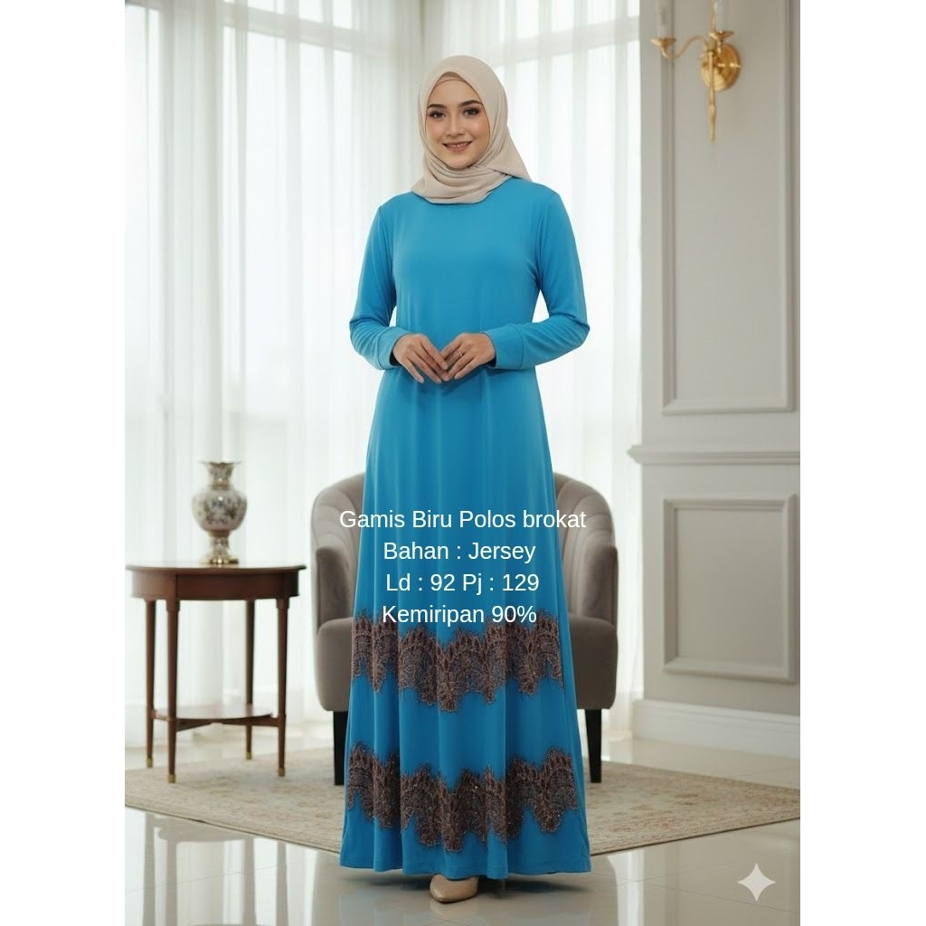 Gamis Biru Polos Brokat