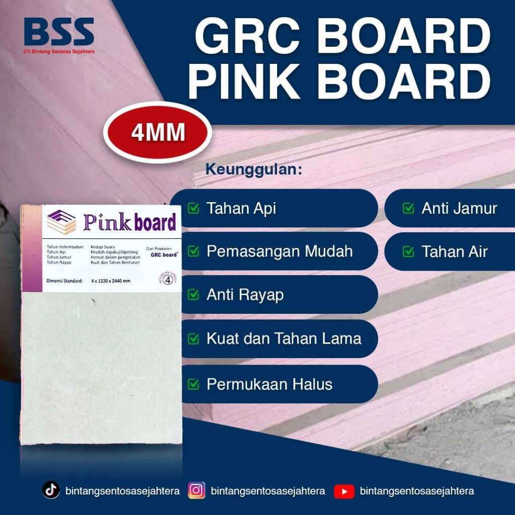 GRC Board Pink Board Papan Semen Plafon Atap 4 mm