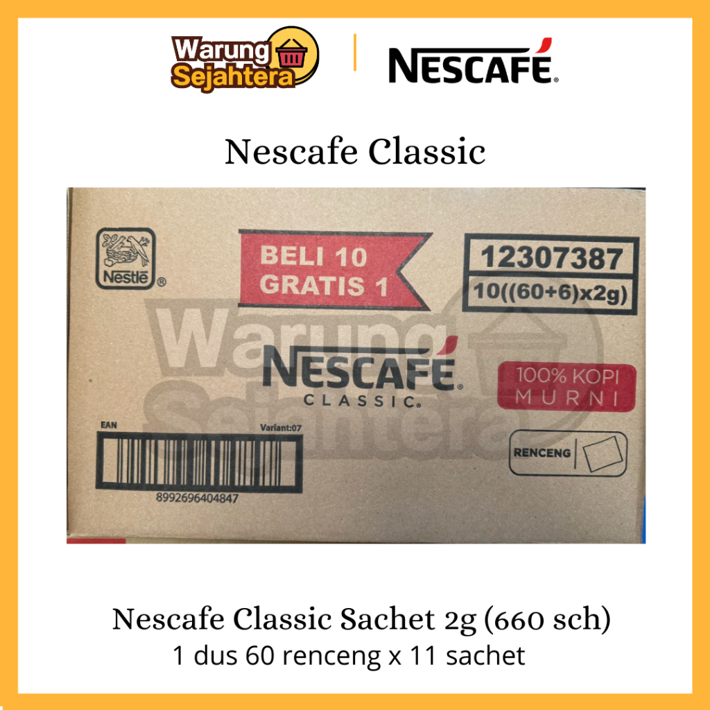 Nescafe Classic Sachet 2g 1 Karton / Dus isi 60 Renceng 660 Sachet @2g Kopi Hitam Instan ED 2027