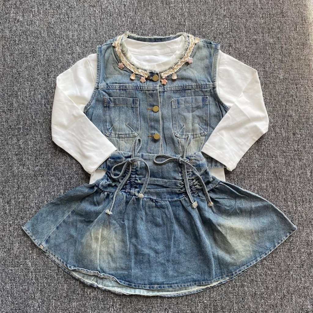 Baju Set Anak Perempuan Rok Jeans & Rompi jeans | Outfit Anak Cewek Three In One Kekinian