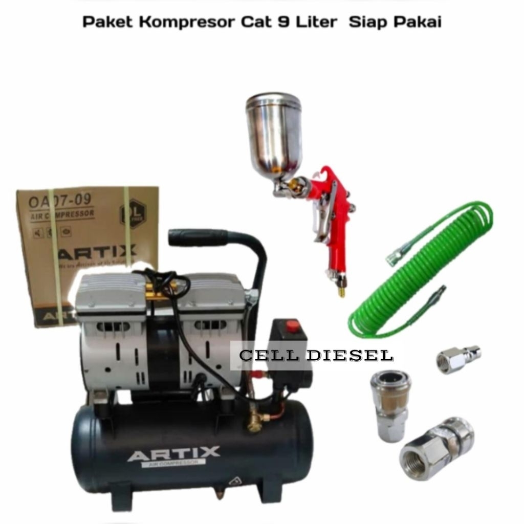 paket kompresor cat listrik oilles 9 liter + spray gun F75