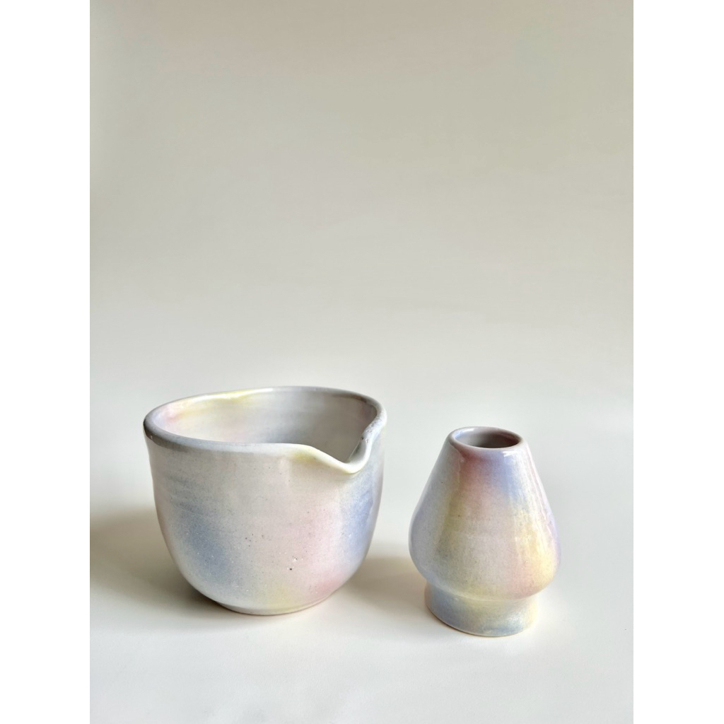 watercolor series: thumb pastel chawan set- matcha bowl - katakuchi - chasen stand