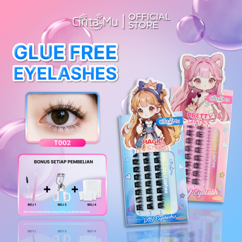 TANPA LEM T002 Bulu Mata Palsu Ekstensi FREE PINSET DAN BRUSH Natural Eyelash Lentik Panjang Simpel 