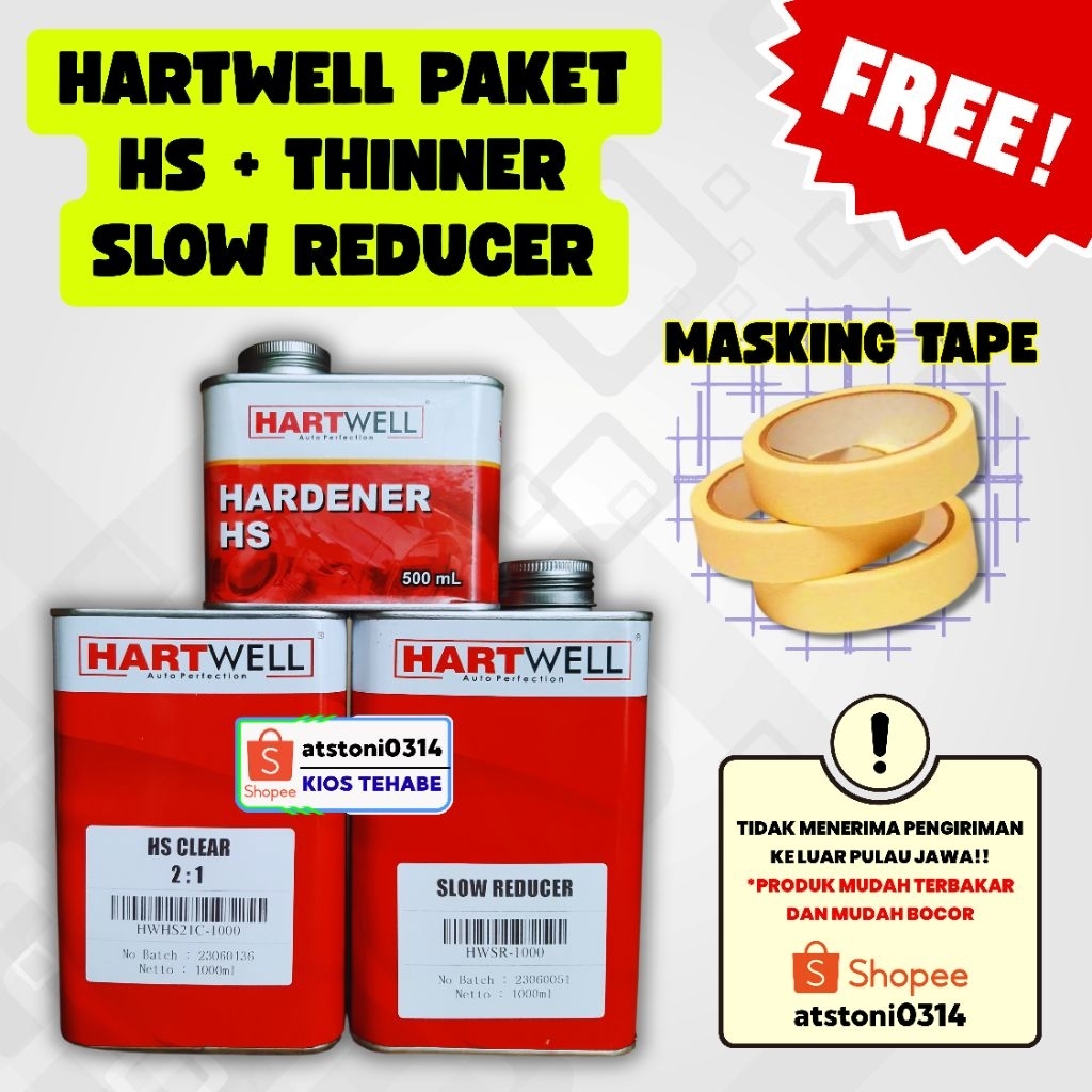 Hartwell Paket Clear Coating HS CLEAR 2.1 + Thinner SLOW Reducer GRATIS MASKING TAPE - Perawatan cat