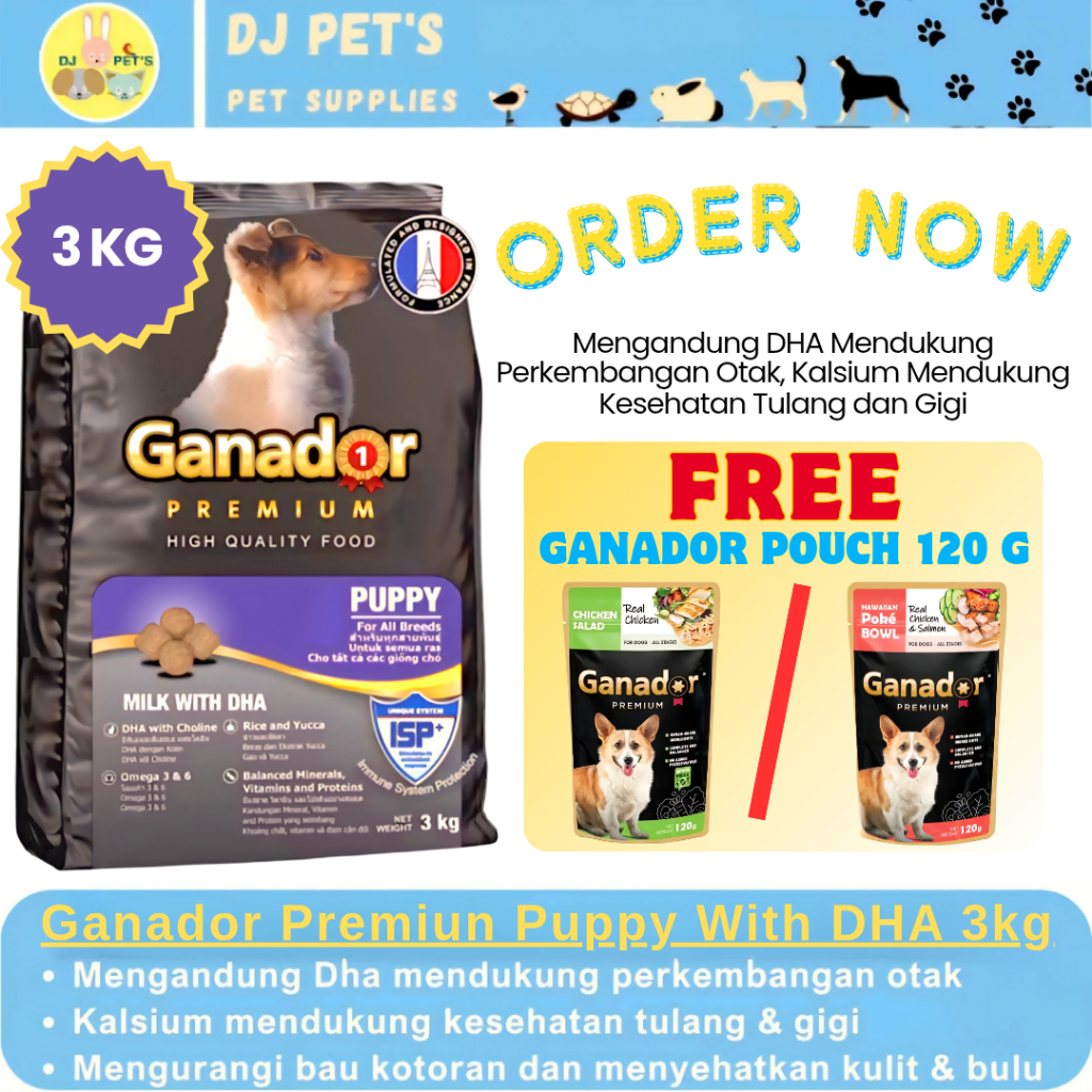 Ganador Premium Puppy Milk with DHA 3 kg FREE Ganador Pouch 120g - Makanan Kering Anak Anjing - Dog 