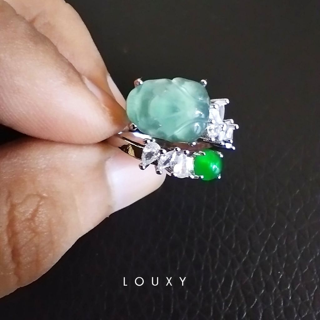 Cincin Giok Alami Bersertifikat Ukir Pixiu Icy Blue Imperial Green Tabur Zircon Free Size Lapis Pera