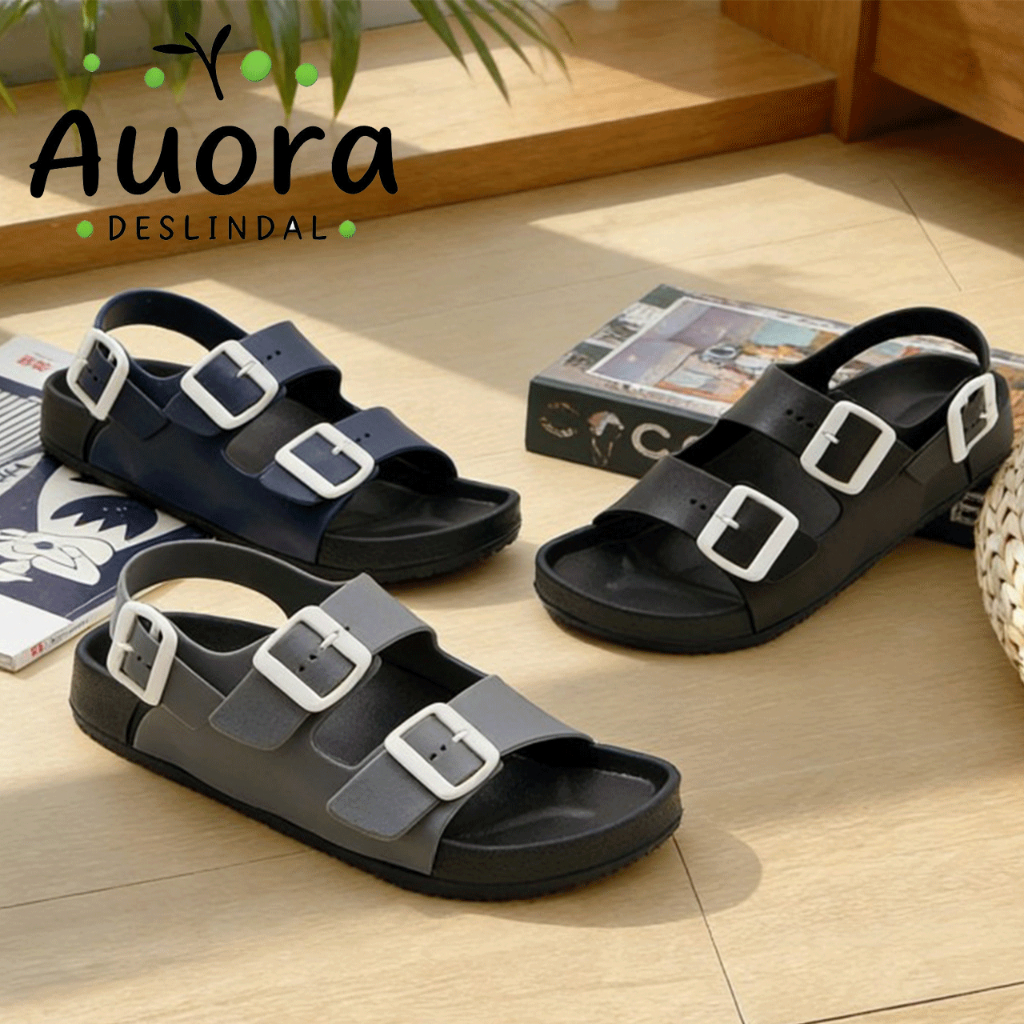 Auora 2026 Sandal datar outdoor pria terbaru sandal EVA bergaya dengan tali ganda dan gesper plastik