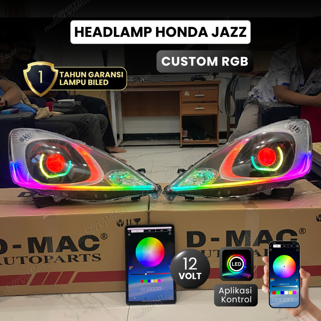HEADLAMP HONDA JAZZ 2008 AKHIR - 2011 AWAL GE8 CUSTOM BILED 3 INCH 12V FULL RGB SEPASANG LAMPU DEPAN