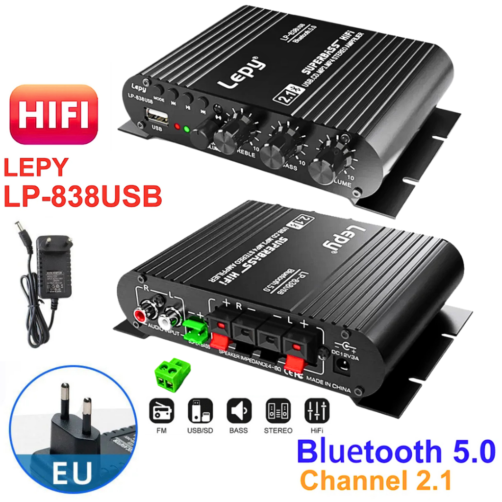 COD Lepy LP-838USB + Adaptor Ampli Amplifier Bluetooth Mini 12 volt mobil rumahan rakitan HiFi