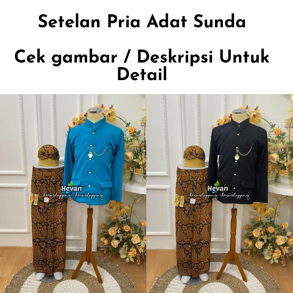 [1 Set] Setelan Pria Adat Jawa Sunda | Beskap + Jarik Instan + Blangkon Sunda + Benggol - Motif Seme