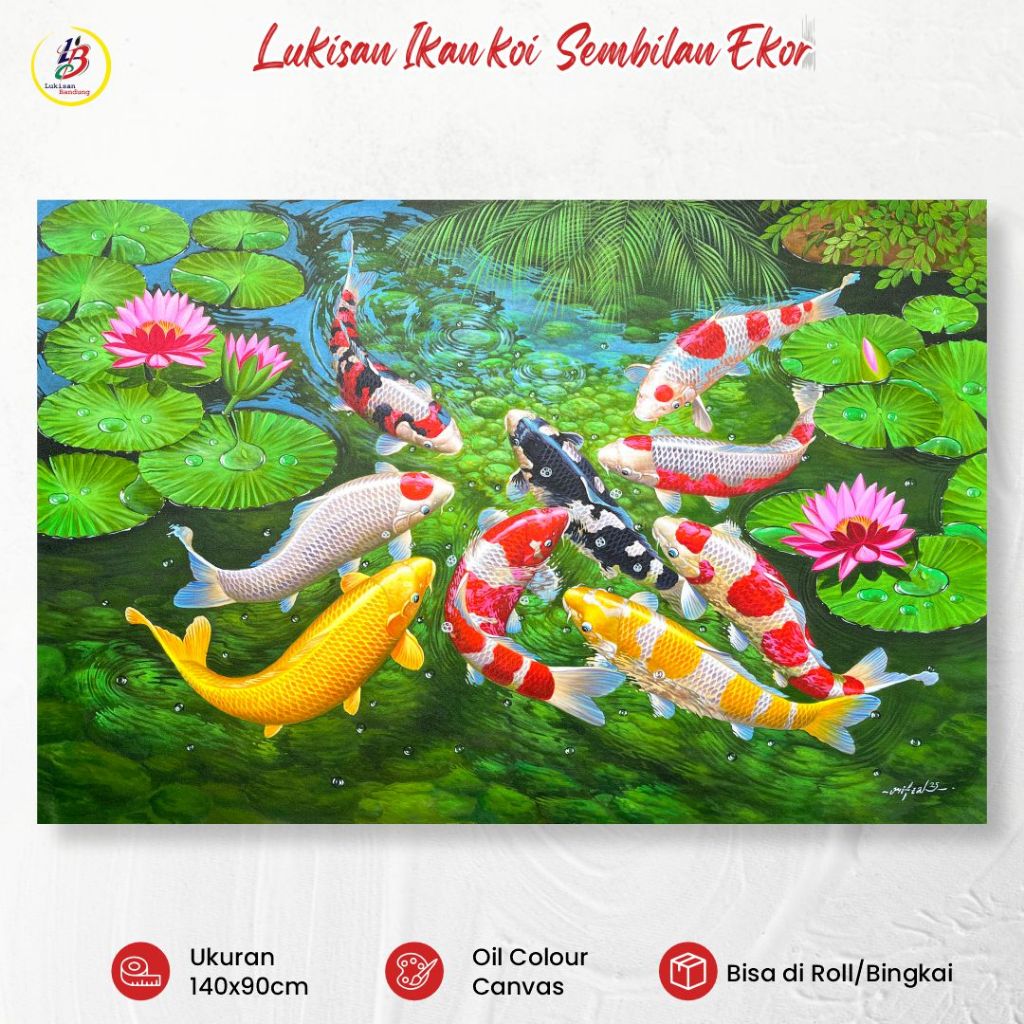 Lukisan Bandung Ikan Koi Sembilan Ekor 140x90cm Lukisan Kanvas Fengshui Keberuntungan