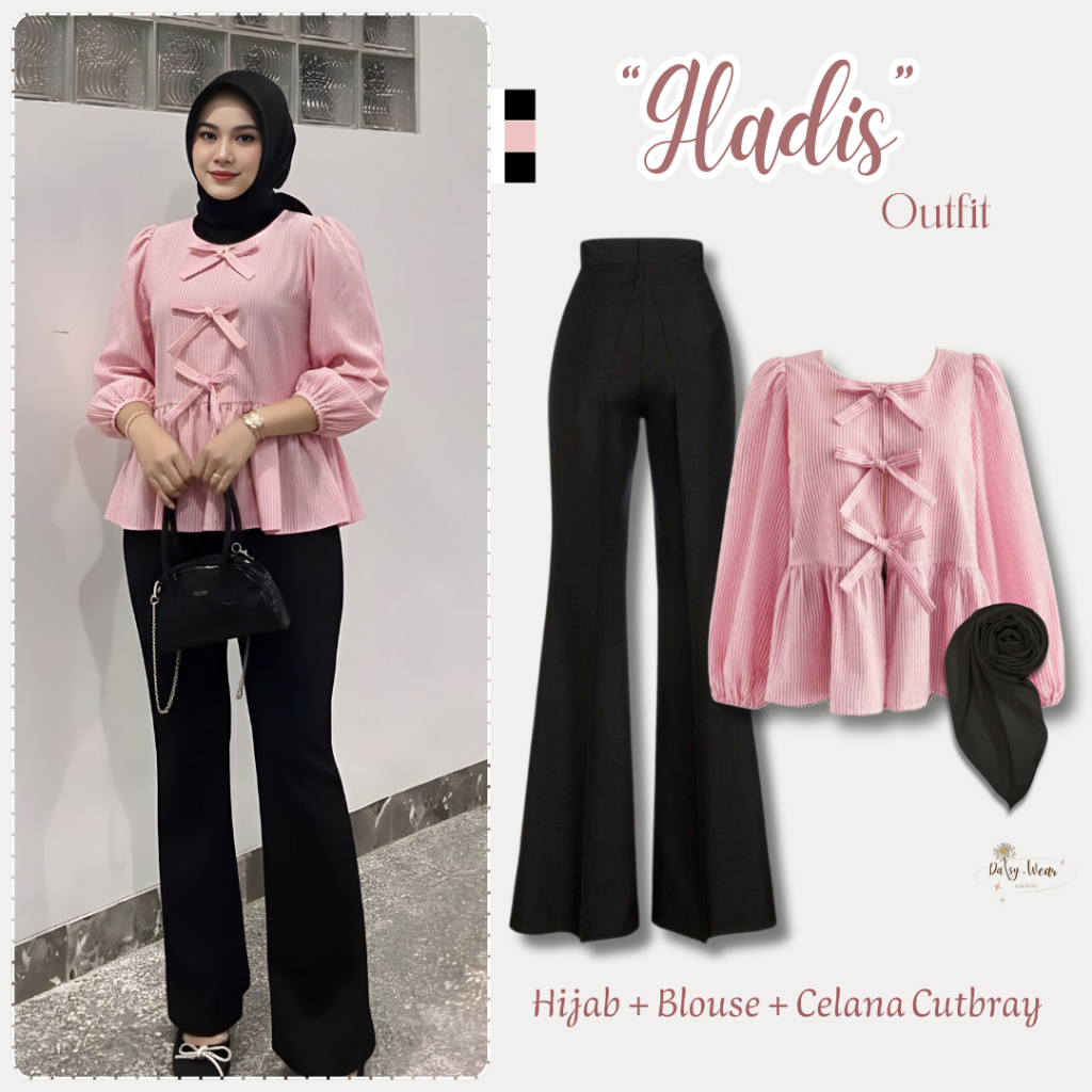 3in1 Outfit Gladis ( Blouse Pita Salur Pink Peach + Celana Cutbray Scuba Hitam Premium + Segiempat B