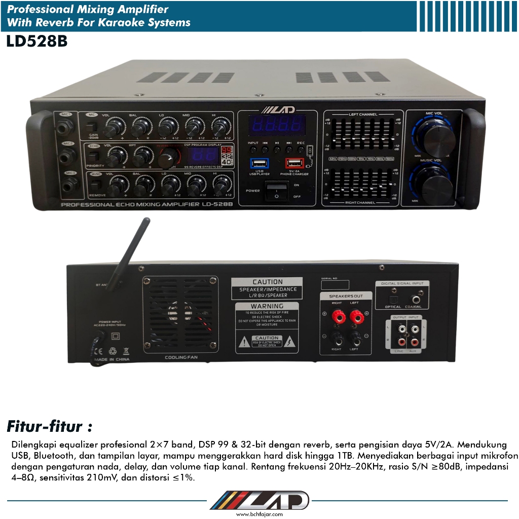 Amplifier Karaoke Mixing Profesional LD528B Reverb DSP 99 USB Bluetooth Equalizer 2x7 Band