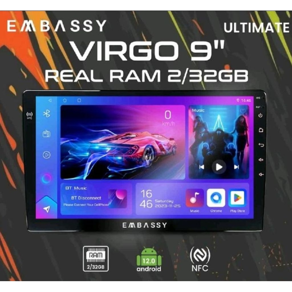 Head Unit Android Embassy 9 inch RAM 2 NFC Android Embassy Virgo Android Auto Carplay NFC