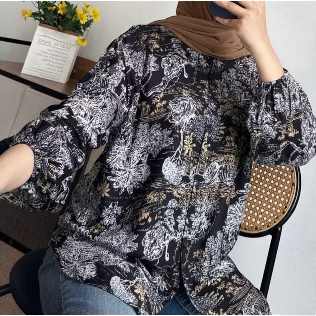 CILA KEMEJA RAYON MOTIF KEKINIAN - KEMEJA WANITA MOTIF SALUR MALIKA - KEMEJA RAYON KEKINIAN - ATASAN