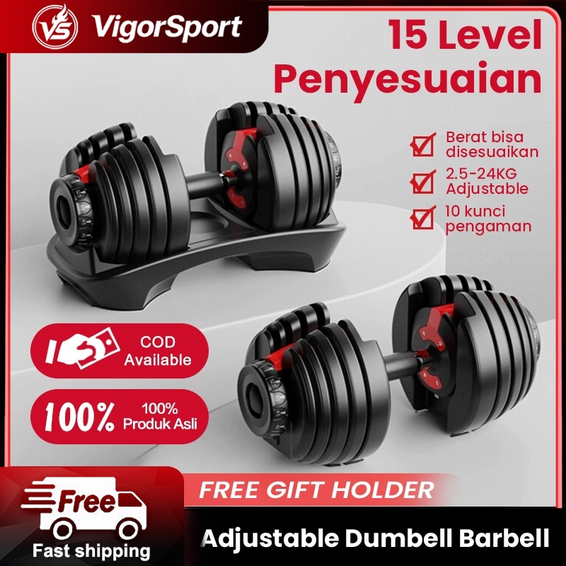 Adjustable Dumbell Barbell Alat Fitness Set 2.5 KG - 24 KG 15 level Adjustable Barbel Fitness