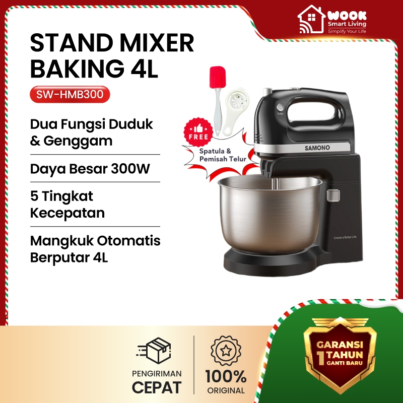 SAMONO Stand Mixer 4L Dua Fungsi Duduk Genggam 5 Kecepatan Motor 300W Mangkuk Berputar Adonan Merata