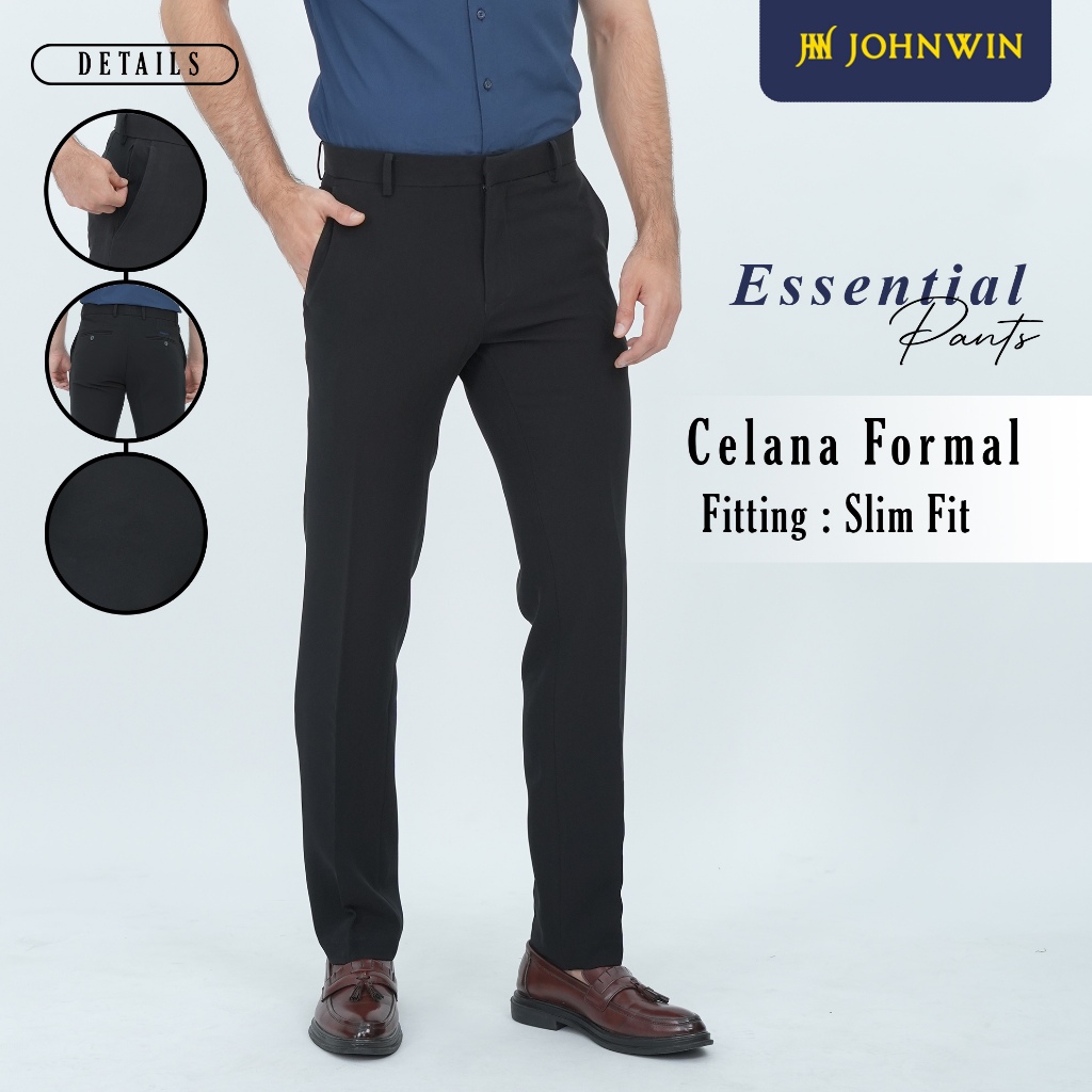 Johnwin - Celana Bahan Formal - Slim Fit - Polyester - Hitam - Essential Pants - F.1032.010.162.C