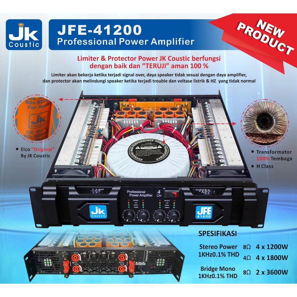 Power Amplifier 4 chanel Class H Jk coustic JFE 41200 4x1200 watt