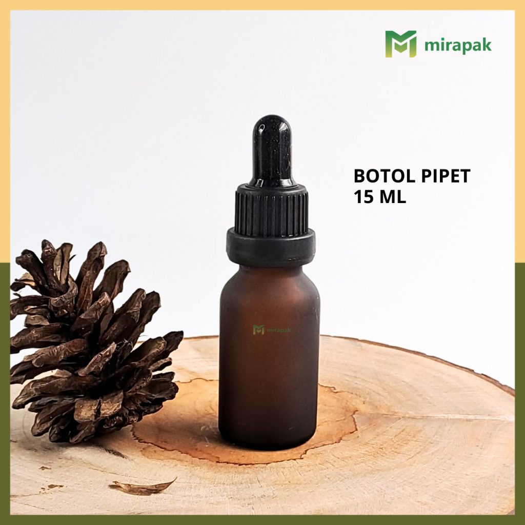 BOTOL PIPET 15ML COKLAT DOF FROSTED KACA TEBAL - RING TOPI SEGEL HITAM KARET HITAM - SERUM KOSMETIK 