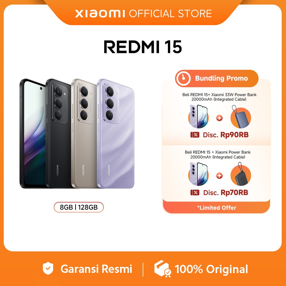 Xiaomi Redmi 15 (8GB/128GB) (8GB/256GB) Baterai besar 7000mAh dengan pengisian daya 33W | Ekspansi R