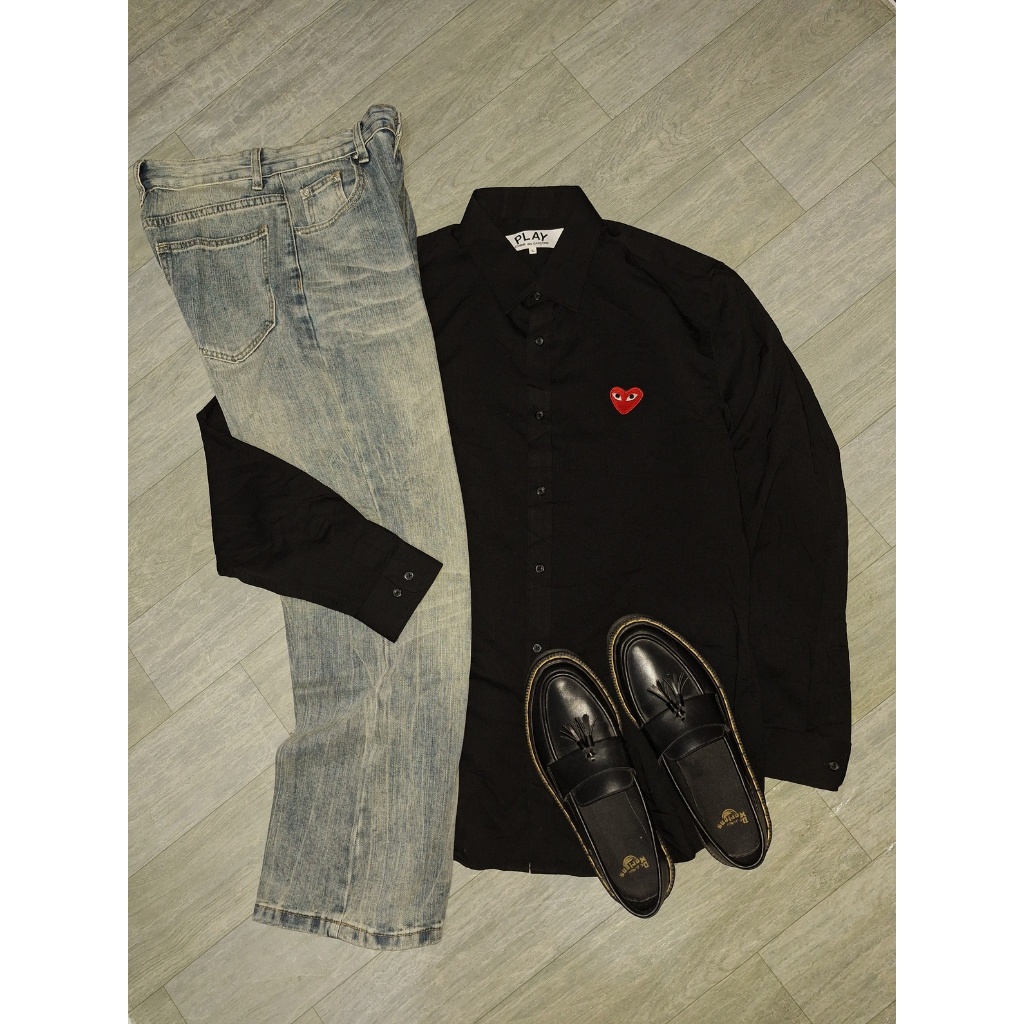 Kemeja CDG PLAY Hitam Pria Wanita Cotton Second Original