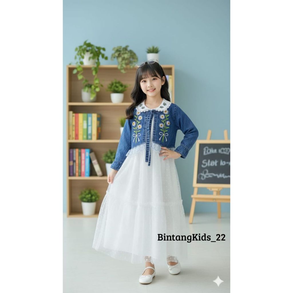 Gamis Arshy Rompi Jeans Bordir Bunga Usia Anak 3-10 Tahun - Bahan Shakila Mix Tille Dot - Gamis Anak