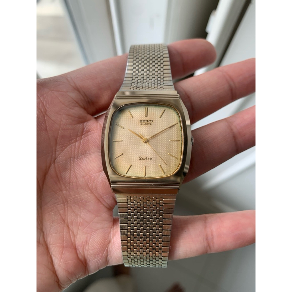 Seiko Tank Dolce Tungsten NSAG kaca Sapphire 5931-5450 honeycomb textured dial Full Original kondisi