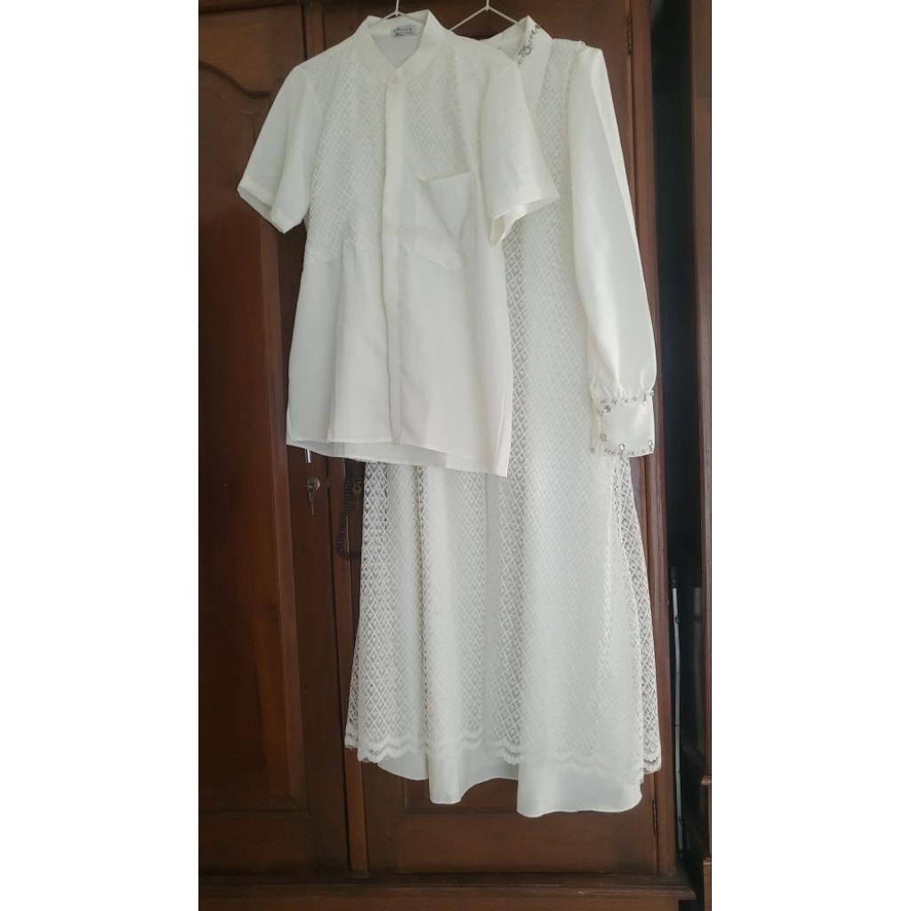 COUPLE BAJU LEBARAN PUTIH DRESS DAN KOKO BROKEN WHITE