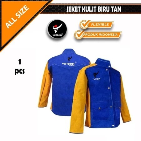 Jacket welder full leather / jaket kulit las biru tan / safety jaket dengan kancing dan rekap velco