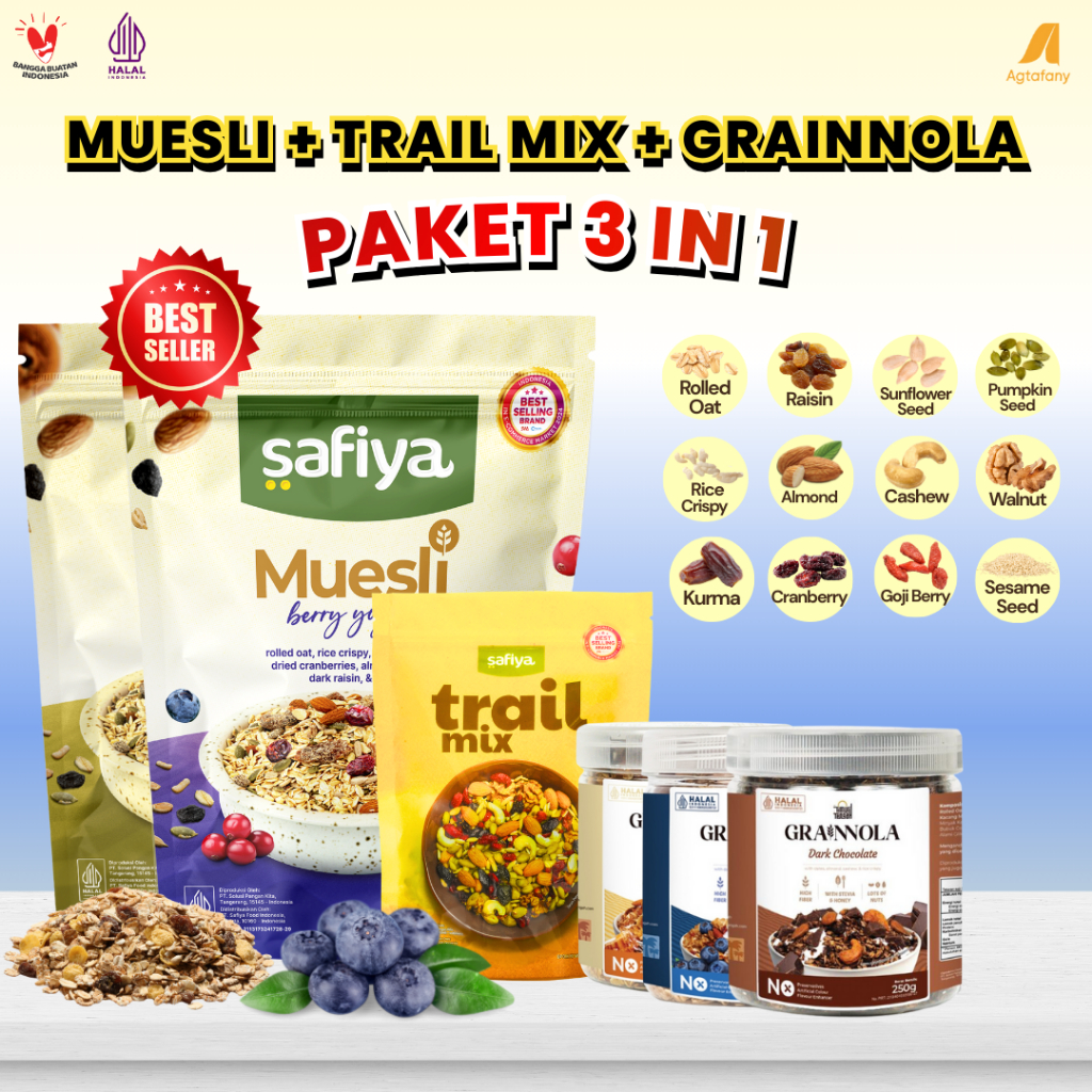 [Paket Hemat Sehat] Bundling Muesli Berry Yogurt 500 gr + Trail Mix 250 gr + Granola Coklat Blueberr