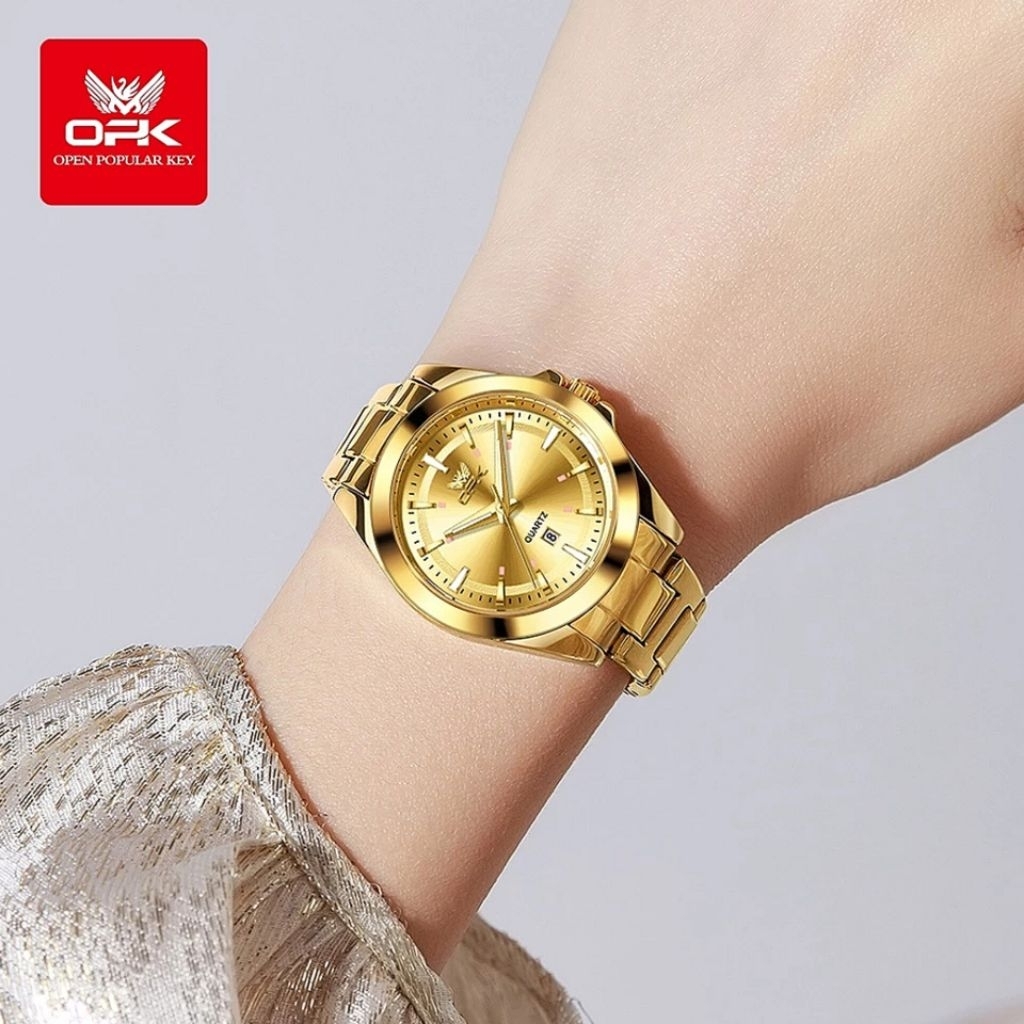 PWRFM JAM TANGAN OPK WANITA 6068 ANTI AIR ORIGINAL STAINLESS STEEL BERCAHAYA EMAS QUARTZ KOREA WOMEN